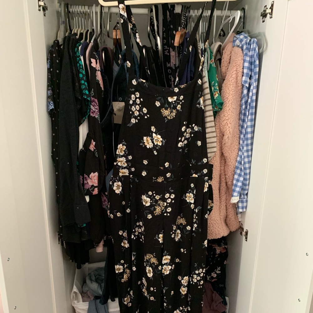 Black floral gauze wide leg jumper.